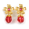 Bright Gold Tone Flower with Pink Glass Dangle Bead Clip On Eearrings - 50mm L