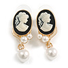 Black/White Acrylic Cameo Stud Earrings in Gold Tone - 40mm L