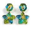 Large Solid Blue/Green Glass/Crystal Flower Drop Earrings in Gold Tone - 70mm Long/ 24g One Earring