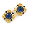 Square Blue Glass Bright Gold Tone Stud Earrings - 30mm Across