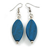 Blue Leaf Shape Wood Drop Earrings - 60mm L