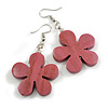 Pink Wood Flower Drop Earrings - 60mm L