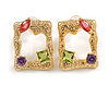 Crystal Open Square Textured Stud Earrings in Gold Tone - 20mm Tall