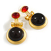 Black/Red Glass Double Bead Drop Earrings in Bright Gold Tone - 35mm L