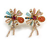 Assymetric Multicoloured Crystal and Acrylic Bead Flower Stud Earrings in Gold Tone - 40mm Tall