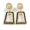 White Pearl Black Enamel Square Drop Earrings in Gold Tone - 45mm Long