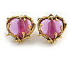 Vintage Inspired Pink Glass Heart Large Clip On Earrings in Aged Gold Tone - 30mm Tall