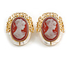 Oval Plum Pink Acrylic Mother Of Pearl Cameo Stud Earrings in Gold Tone - 33mm Tall