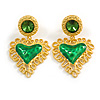 Statement Large Green Hammered Heart Drop Earrings in Bright Gold Tone - 60mm Long