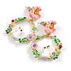 Multicoloured Enamel Hoop with Floral and Bunny Motif in Gold Tone - 40mm Long
