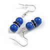 Small Blue Glass Bead with Blue Crystal Ring Drop Earrings in Silver Tone - 40mm Long
