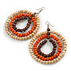 70mm Diameter/Oversized Triple Hoop Wood Bead Earrings in Natural/Orange/Brown Colours - 90mm Long