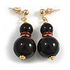 Black Acrylic Bead with Red Crystal Ring Drop Earrings in Gold Tone - 40mm Long