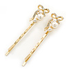 Pair Of Clear Crystal, Simulated Pearl Bow Hair Slides In Gold Plating - 55mm Length