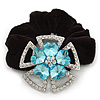 Large Layered Rhodium Plated Swarovski Crystal 'Flower' Pony Tail Black Hair Scrunchie - Light Blue/ Clear/ AB