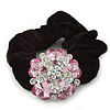 Large Layered Rhodium Plated Crystal Flower Pony Tail Black Hair Scrunchie - Light Pink/ Clear/ AB
