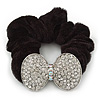 Large Rhodium Plated Crystal Bow Pony Tail Black Hair Scrunchie - Clear