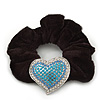 Rhodium Plated Swarovski Crystal Classic 'Heart' Pony Tail Black Hair Scrunchie - Clear/ Azure/ Light Blue