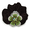 Medium Rhodium Plated Swarovski Crystal Flower Pony Tail Black Hair Scrunchie - Green/ Clear