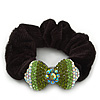 Rhodium Plated Swarovski Crystal 'Bow' Pony Tail Black Hair Scrunchie - Grass Green/ Olive/ AB