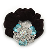 Large Layered Rhodium Plated Swarovski Crystal Rose Flower Pony Tail Black Hair Scrunchie - Light Blue/ Clear/ AB