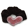 Rhodium Plated Swarovski Crystal 'Asymmetrical Heart' Pony Tail Black Hair Scrunchie - Light Pink/ Fuchsia