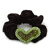 Rhodium Plated Swarovski Crystal 'Asymmetrical Heart' Pony Tail Black Hair Scrunchie - Olive/ Grass Green