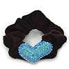 Rhodium Plated Swarovski Crystal 'Asymmetrical Heart' Pony Tail Black Hair Scrunchie - Light Blue