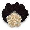 Gold Plated Simulated Pearl 'Flower' Pony Tail Black Hair Scrunchie - Light Cream/ AB