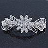 Bridal Wedding Prom Silver Tone Filigree Diamante 'Flowers & Leaves' Barrette Hair Clip Grip - 85mm Across