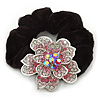 Large Sculptured Rhodium Plated Swarovski Crystal Flower Pony Tail Black Hair Scrunchie - Pink/ Clear