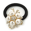 Gold Plated Crystal White Simulated Pearl 'Flower' Pony Tail Black Hair Elastic/Bobble