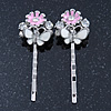 2 Enamel Crystal 'Flower & Butterfly' Hair Grips/ Slides In Rhodium Plating - 50mm Across