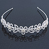 Bridal/ Wedding/ Prom Rhodium Plated Faux Pearl, Crystal Flowers & Leaves Tiara Headband