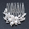 Bridal/ Wedding/ Prom/ Party Rhodium Plated Clear Austrian Crystal, Simulated Glass Pearl Double Flower Hair Comb - 50mm
