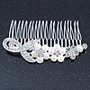 Bridal/ Wedding/ Prom/ Party Rhodium Plated Clear Austrian Crystal, Simulated Pearl Floral Hair Comb - 85mm
