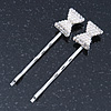 2 Bridal/ Prom Crystal, Simulated Pearl 'Bow' Hair Grips/ Slides In Rhodium Plating - 55mm Across