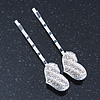 2 Bridal/ Prom Crystal, Simulated Pearl 'Heart' Hair Grips/ Slides In Rhodium Plating - 55mm Across