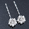 2 Bridal/ Prom Crystal, Simulated Pearl 'Flower' Hair Grips/ Slides In Rhodium Plating - 55mm Across