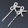2 Bridal/ Prom Crystal, Simulated Pearl 'Bow' Hair Grips/ Slides In Rhodium Plating - 60mm Across