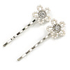 2 Bridal/ Prom Crystal, Simulated Pearl 'Open Rose' Hair Grips/ Slides In Rhodium Plating - 60mm Across