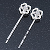 2 Bridal/ Prom Crystal, Simulated Pearl 'Open Rose' Hair Grips/ Slides In Rhodium Plating - 60mm Across