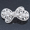 Bridal Wedding Prom Silver Tone Simulated Pearl Diamante 'Bow' Barrette Hair Clip Grip - 65mm Acros