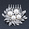 Bridal/ Wedding/ Prom/ Party Rhodium Plated Clear Crystal, Simulated Pearl Cluster Hair Comb - 60mm
