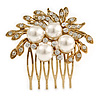 Bridal/ Wedding/ Prom/ Party Antique Gold Tone Clear Crystal, Simulated Pearl Cluster Hair Comb - 60mm