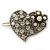 Vintage Inspired Clear and AB Crystal 'Heart' Hair Slide In Antique Gold Metal - 35mm Across