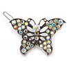 Vintage Inspired AB Crystal 'Butterfly' Hair Slide In Antique Silver Metal - 45mm Across