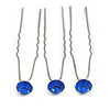 3pcs Bridal/ Wedding/ Prom/ Party Sapphire Blue Crystal Hair Pins In Silver Tone - 70mm L