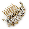 Vintage Inspired Clear Austrian Crystal 'Leaf' Side Hair Comb In Gold Tone - 70mm