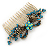 Vintage Inspired Teal Blue/ AB Swarovski Crystal 'Flower With Bow' Side Hair Comb In Antique Gold Tone - 115mm